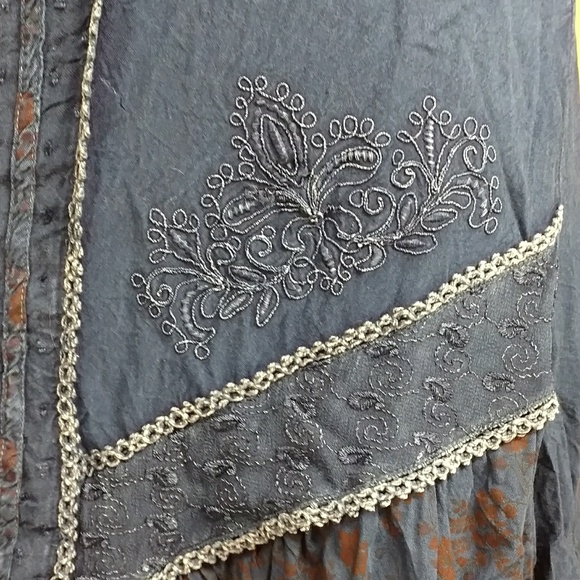 Boho Indian Dress Denim Blue Short Sleeve Embroidered mk Lg w/ Measurements - Picture 6 of 8